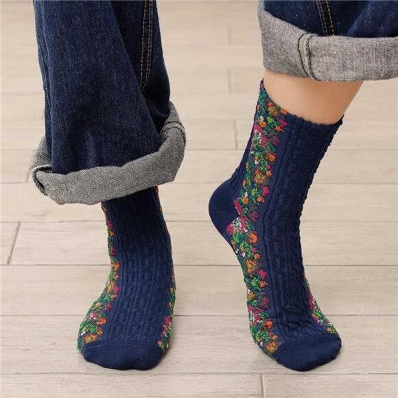5 Women Flower Crew Socks - Picture 4 of 6